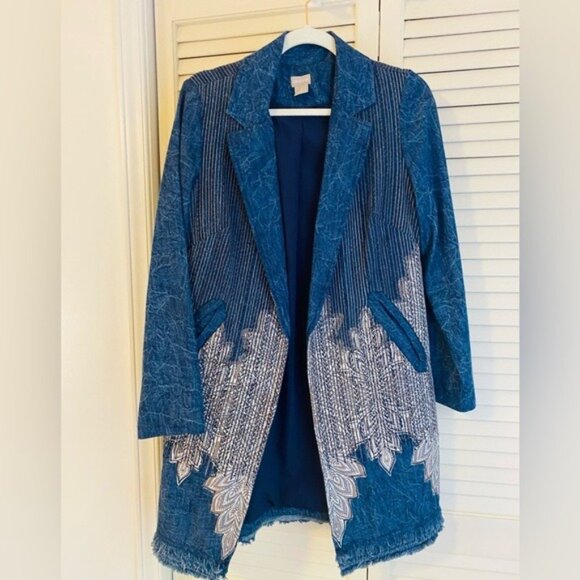 Chico's Jackets & Blazers - Chico's Embellished Long Denim Jacket Leaf Applique Size 0 (4-6) 100% Cotton